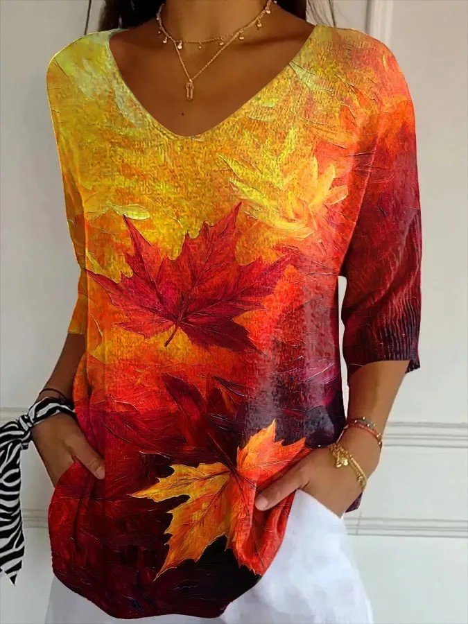 Loose V Neck Maple Leaf Casual T-Shirt