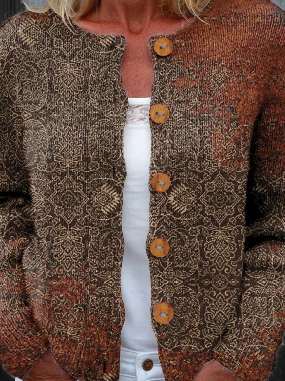 Loose Crew Neck Knitted Ethnic Cardigan