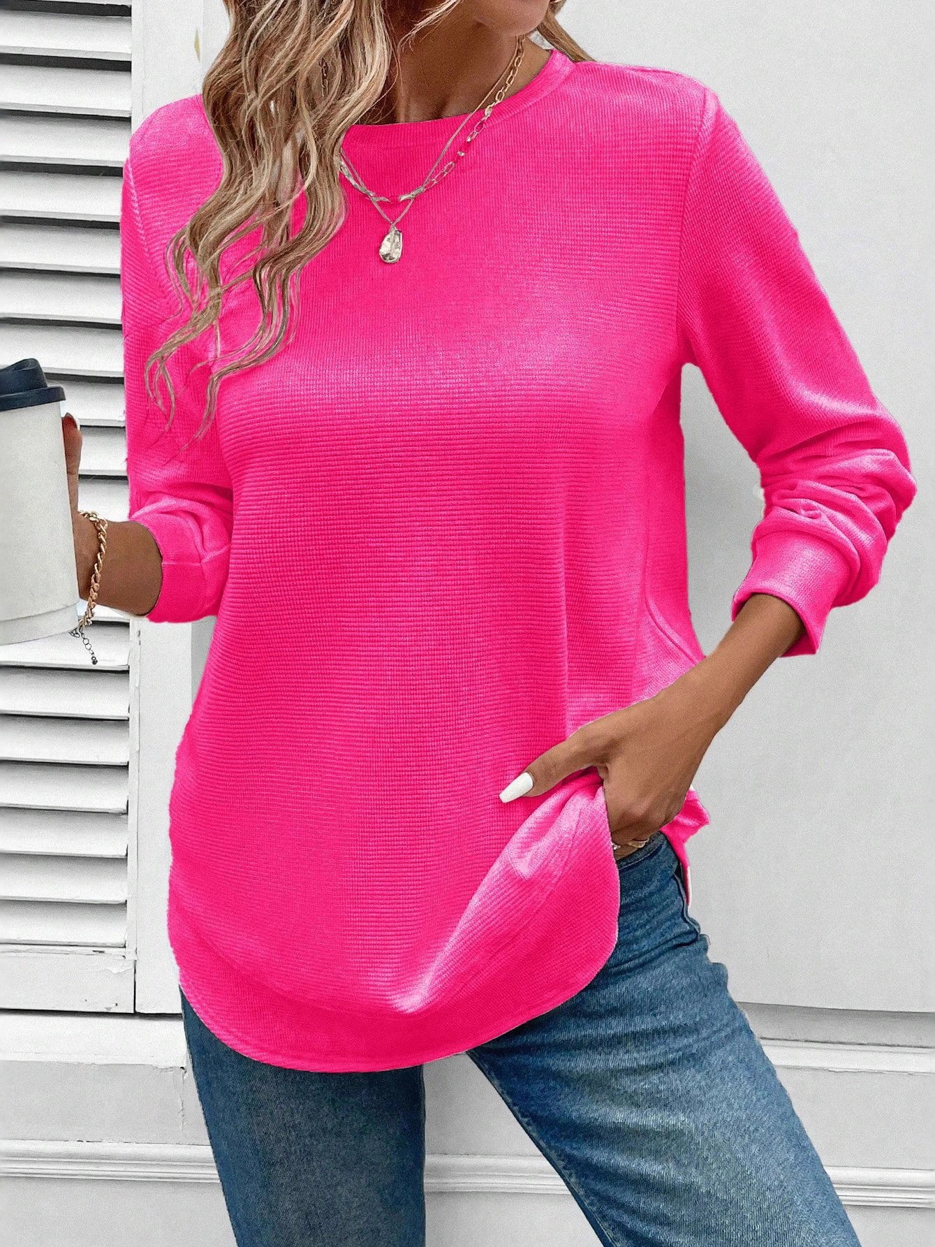 Girly Plain New Loose Temperament Fashion Women's Solid Color Round Neck Splicing Long Sleeve Jacquard Casual Simple Sweatshirt