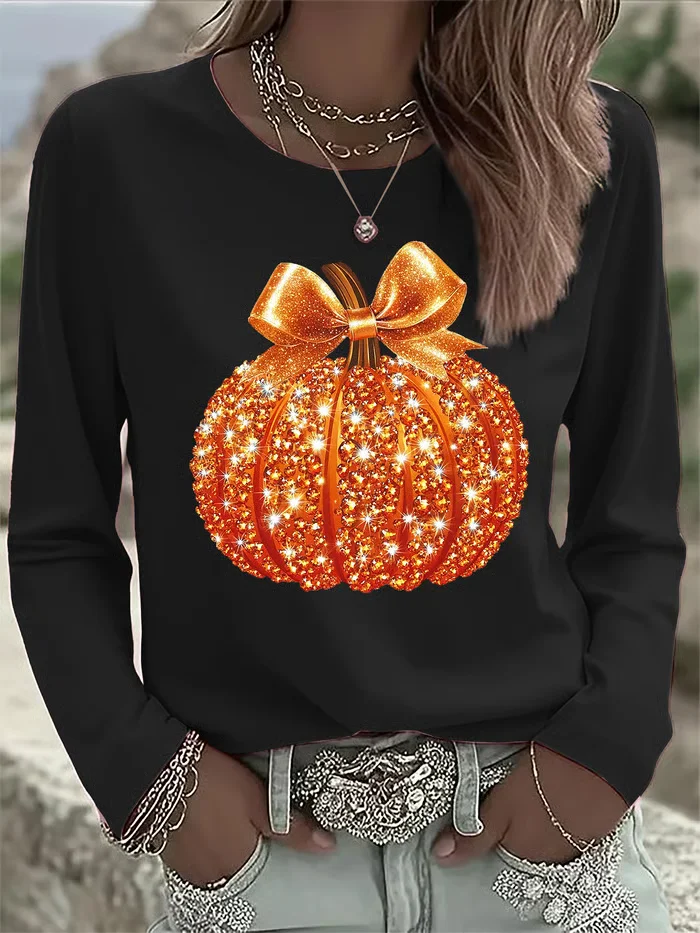 Women's Long Sleeve T-shirt Spring/Fall Orange Halloween (pumpkin) Printing Jersey Crew Neck Daily Going Out Casual Top