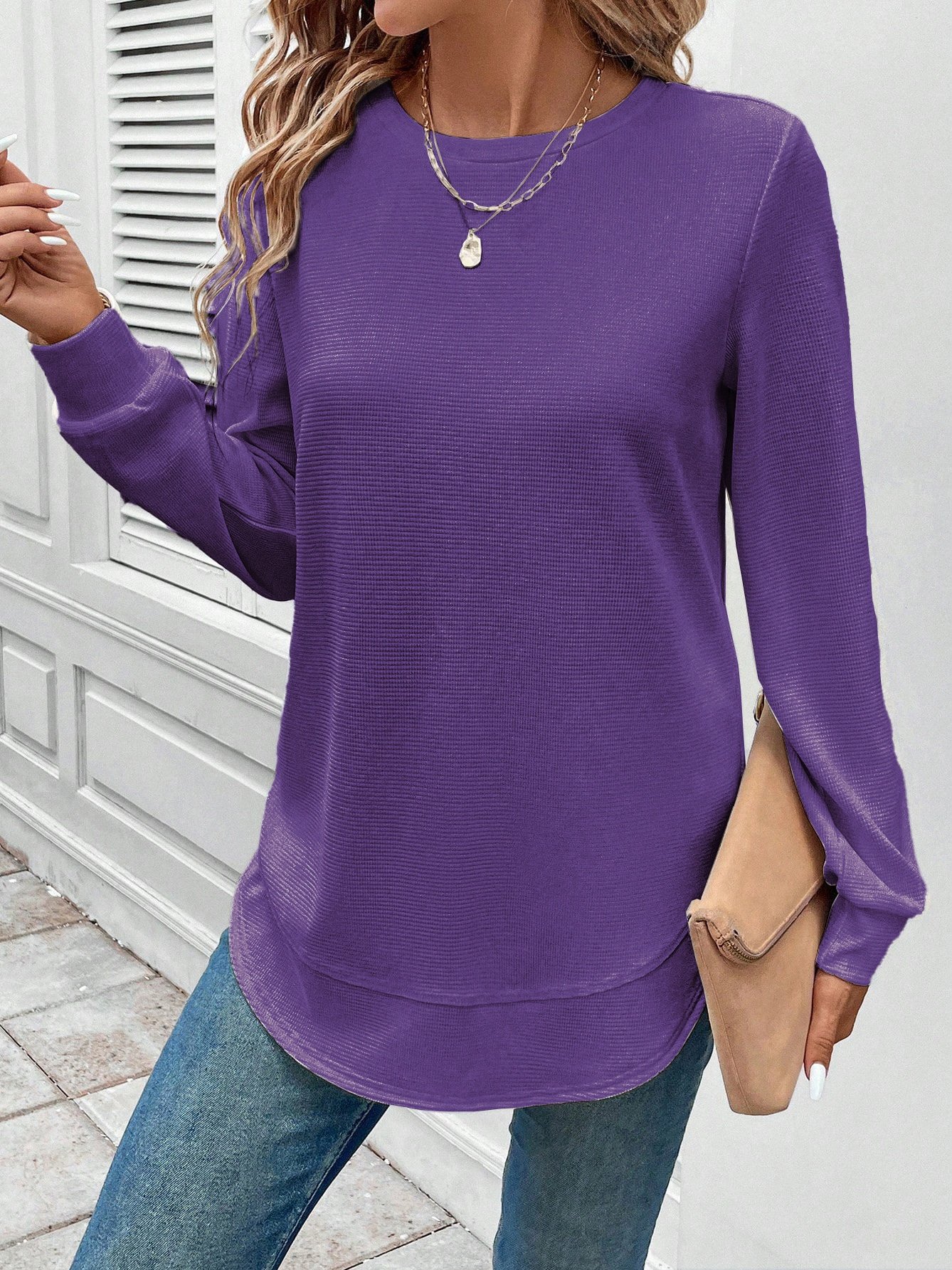 Girly Plain New Loose Temperament Fashion Women's Solid Color Round Neck Splicing Long Sleeve Jacquard Casual Simple Sweatshirt