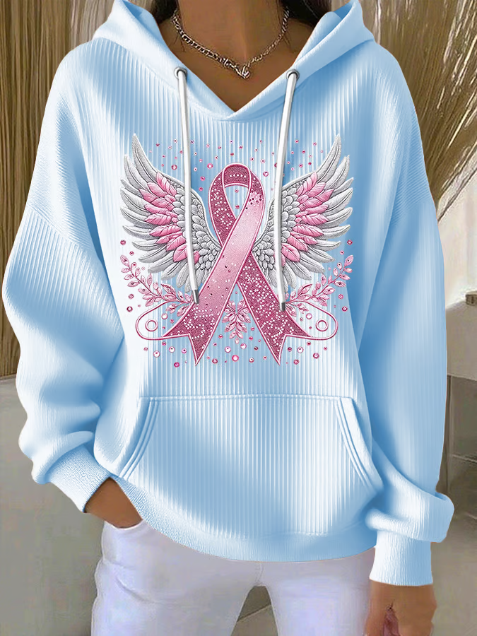 Women's Casual Pink Contrast Ribbon Wings Ribbon Hoodie