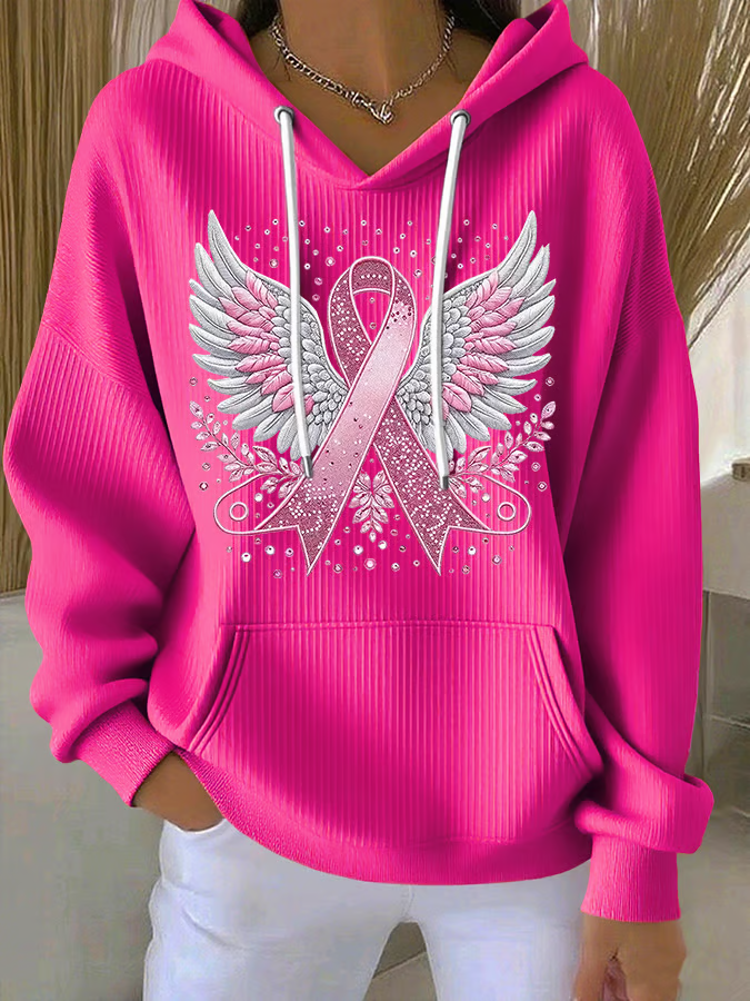 Women's Casual Pink Contrast Ribbon Wings Ribbon Hoodie
