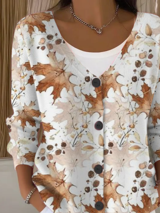 Women's Maple Leaf Fall Casual Long Sleeve Button Cardigan