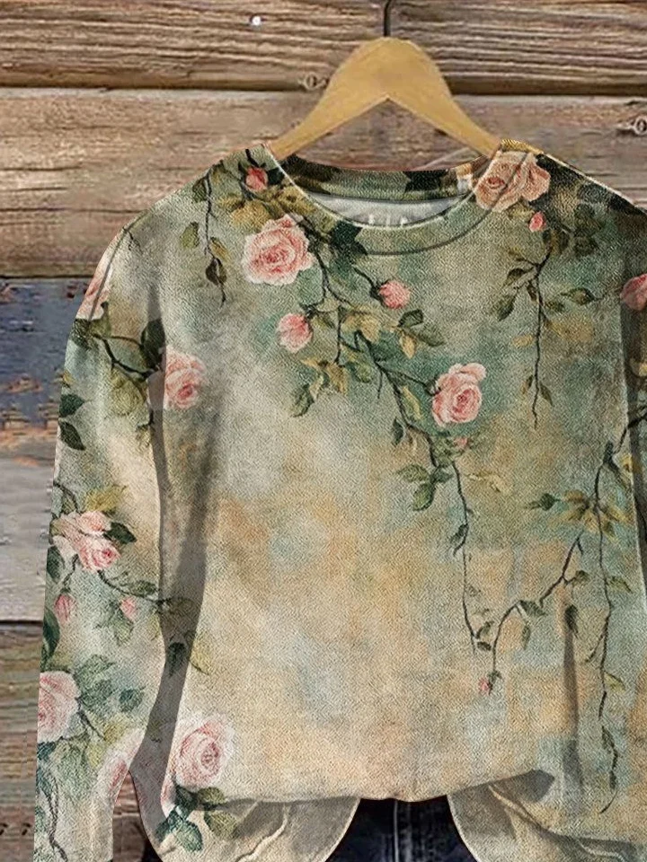 Women's Floral Print Casual Crew Neck Long Sleeve Sweatshirt