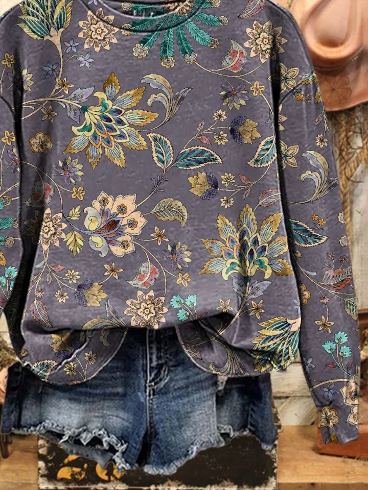 Casual Floral Crew Neck Printing Sweatshirt