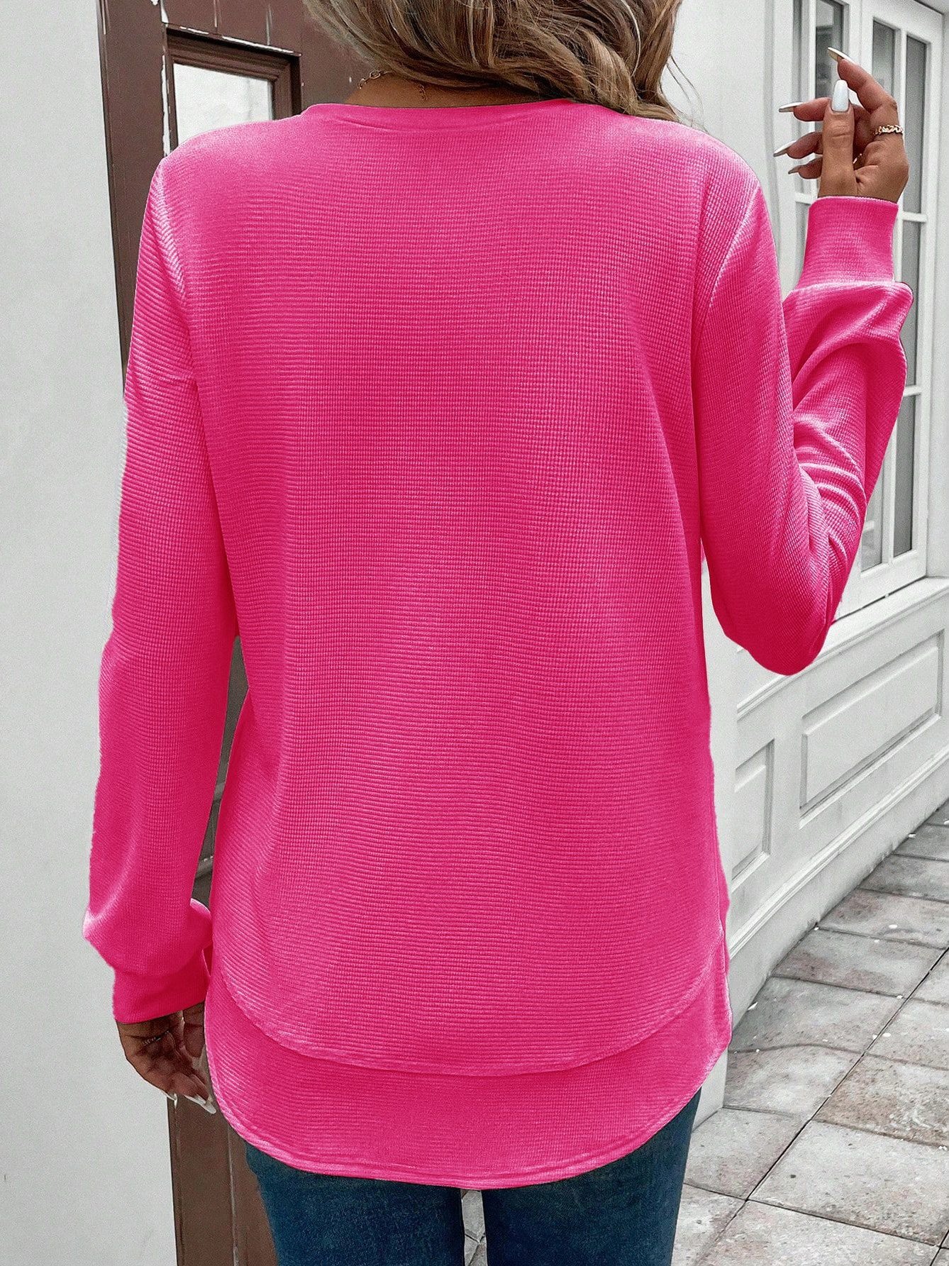 Girly Plain New Loose Temperament Fashion Women's Solid Color Round Neck Splicing Long Sleeve Jacquard Casual Simple Sweatshirt