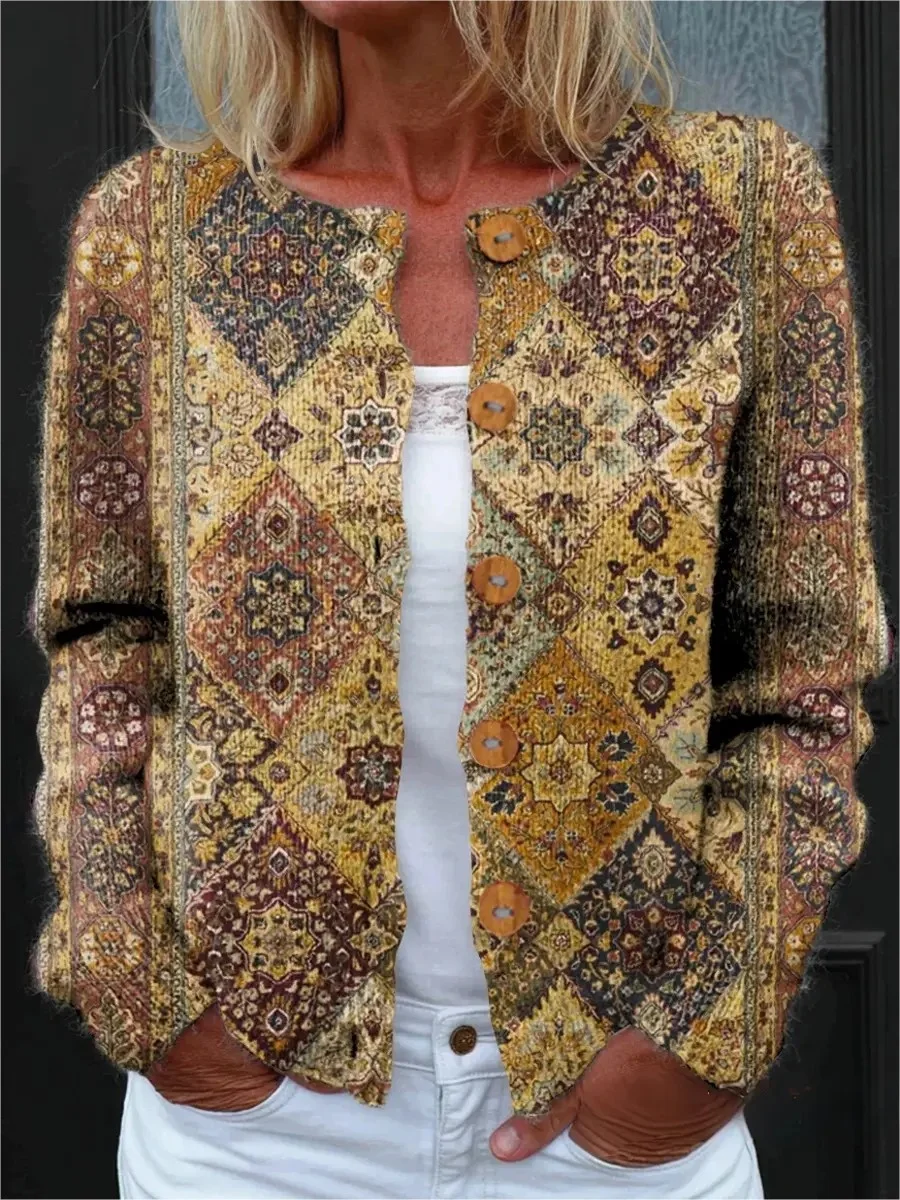 Women's National Totem Art Print Buttoned Cardigan Sweater