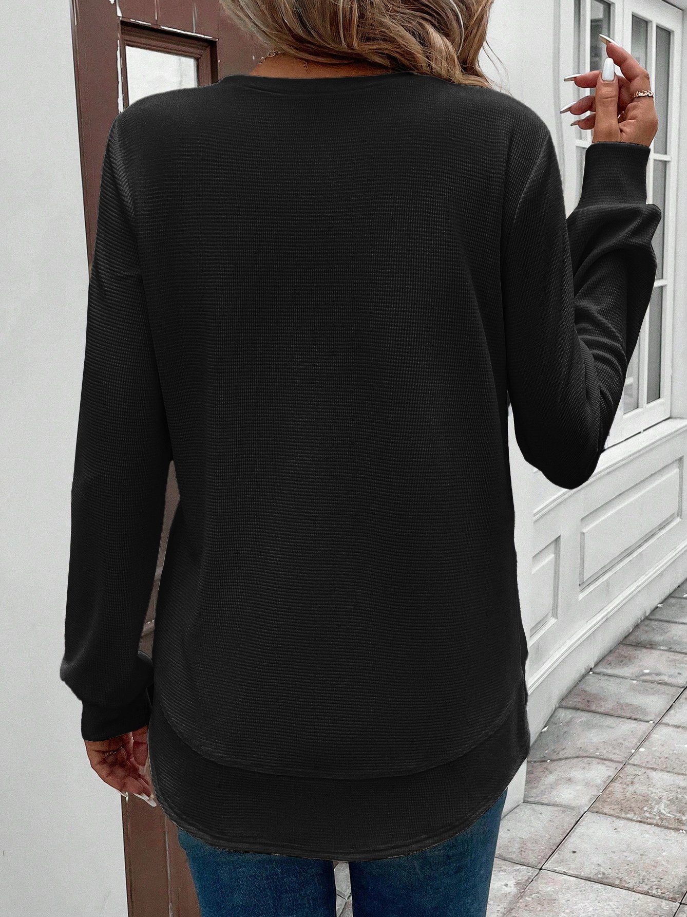 Girly Plain New Loose Temperament Fashion Women's Solid Color Round Neck Splicing Long Sleeve Jacquard Casual Simple Sweatshirt