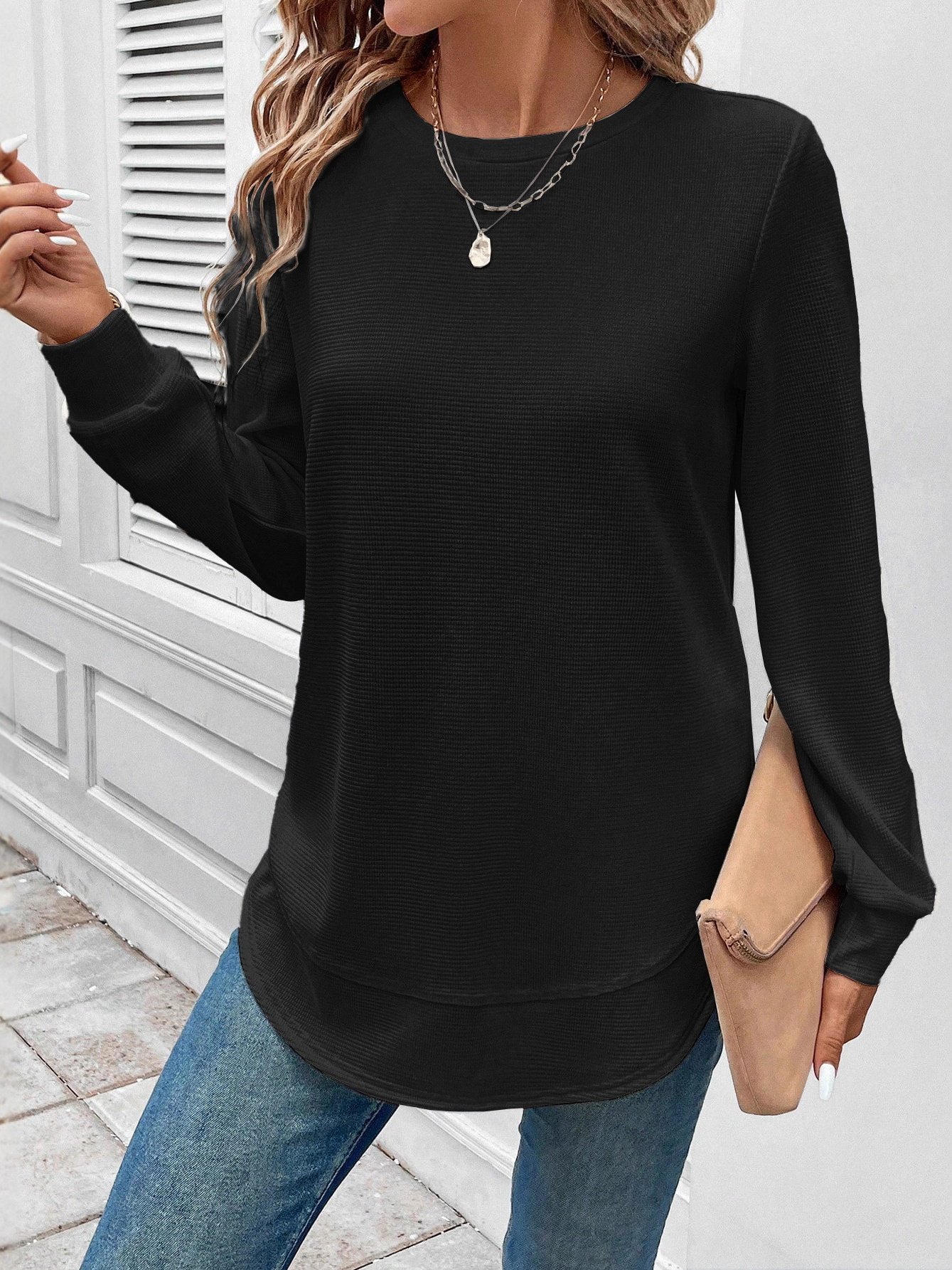 Girly Plain New Loose Temperament Fashion Women's Solid Color Round Neck Splicing Long Sleeve Jacquard Casual Simple Sweatshirt