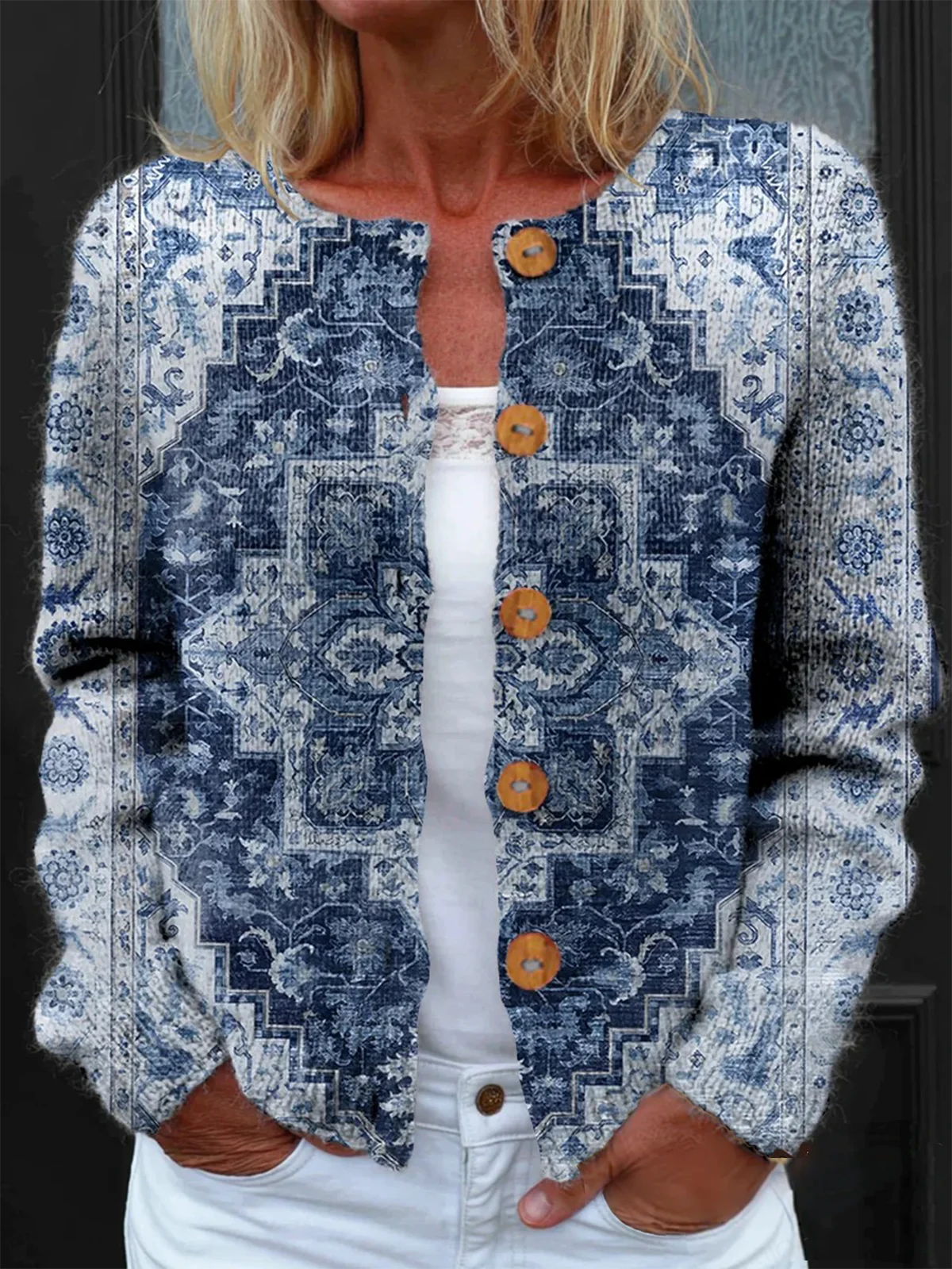 Loose Crew Neck Knitted Ethnic Cardigan