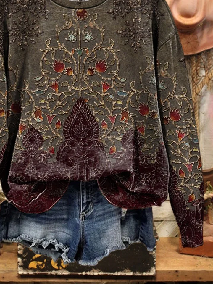 Women's Floral Print Casual Crew Neck Long Sleeve Sweatshirt