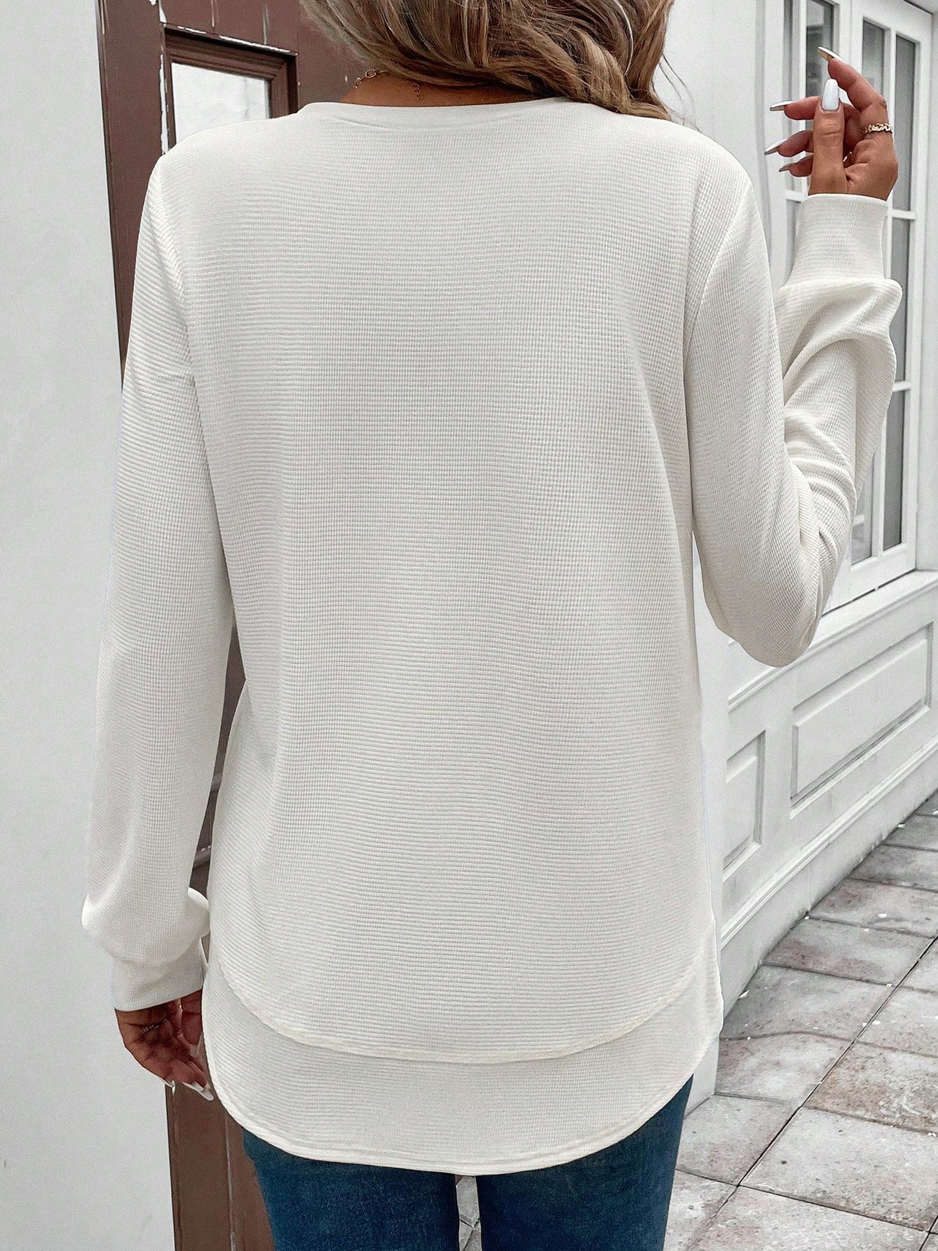 Girly Plain New Loose Temperament Fashion Women's Solid Color Round Neck Splicing Long Sleeve Jacquard Casual Simple Sweatshirt