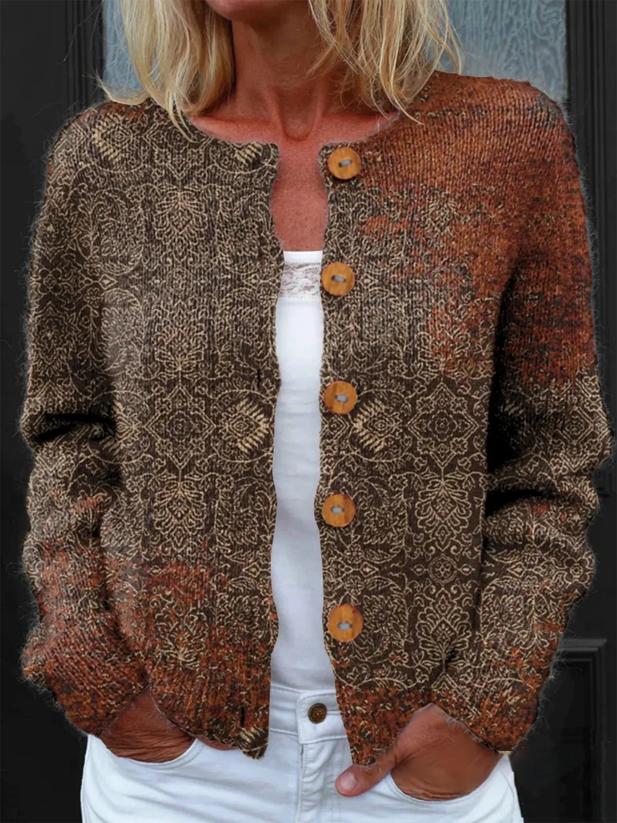 Loose Crew Neck Knitted Ethnic Cardigan