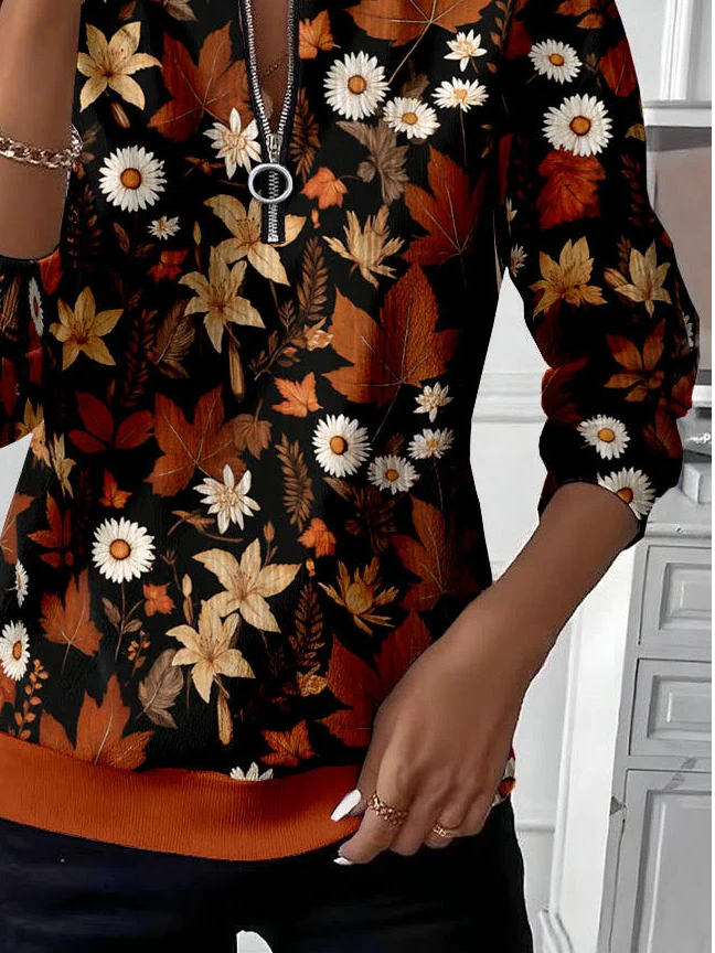 Women's Maple Leaf Floral Print Casual Long Sleeve Zipper Sweatshirt