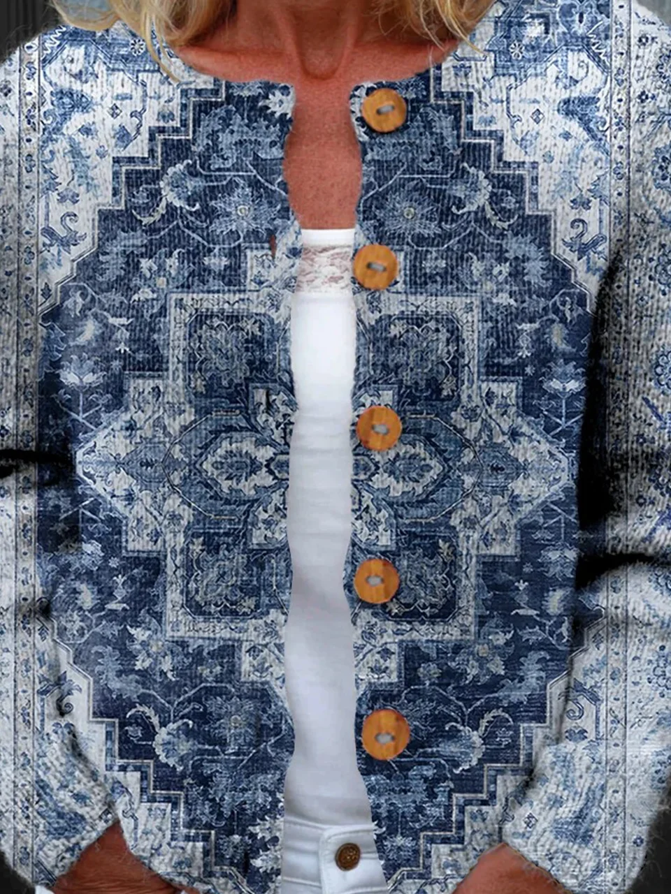 Loose Crew Neck Knitted Ethnic Cardigan