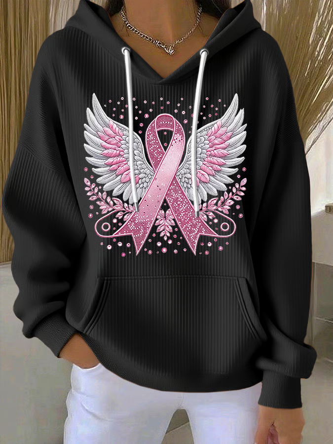 Women's Casual Pink Contrast Ribbon Wings Ribbon Hoodie