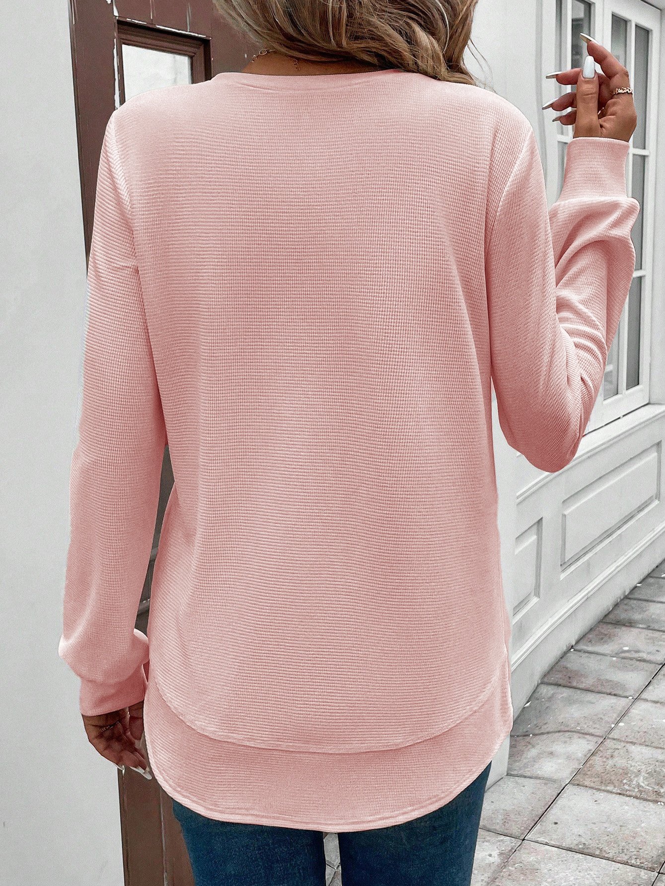 Girly Plain New Loose Temperament Fashion Women's Solid Color Round Neck Splicing Long Sleeve Jacquard Casual Simple Sweatshirt