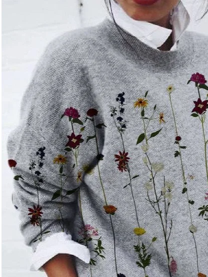 Women's Floral Print Casual Long Sleeve Crew Neck Sweater
