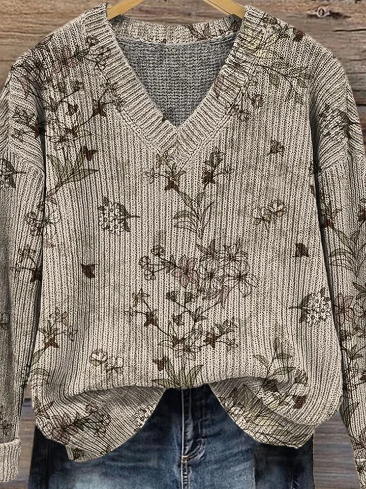 V Neck Floral Casual Loose Sweater