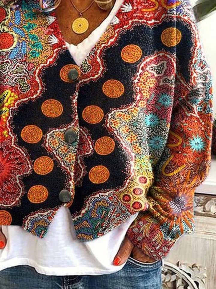 Women's Abstract Print Casual V-Neck Button Cardigan