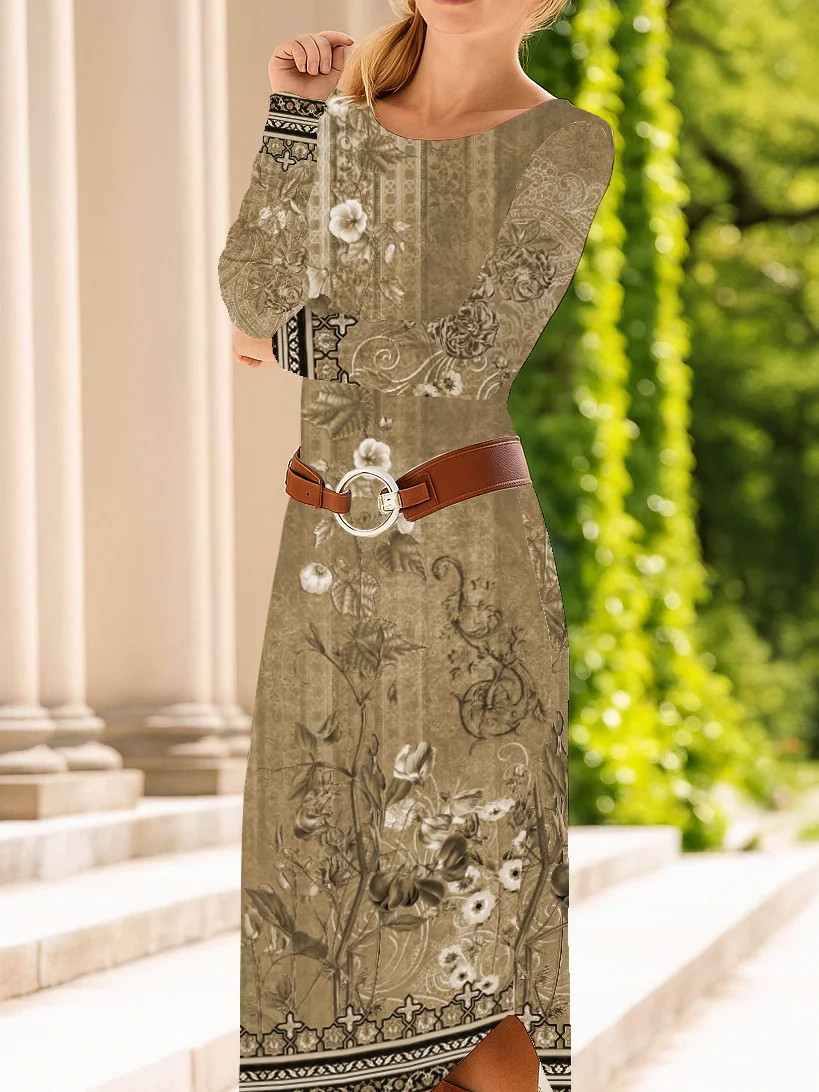 Women's Long Sleeve Spring/Fall Brown Floral Crew Neck Daily Going Out Casual Midi A-Line T-Shirt Dress Dress