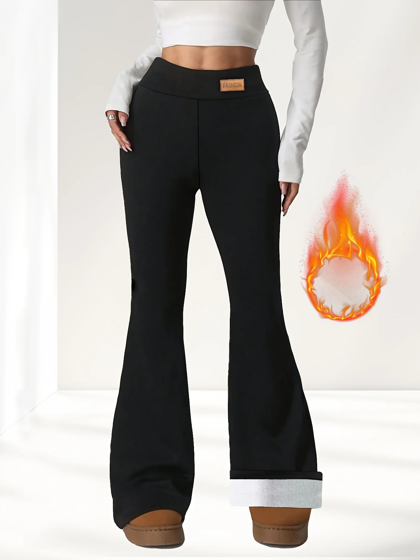 Women's winter high waist elastic plus velvet flared pants slim hip lift warm casual pants sports outdoor versatile