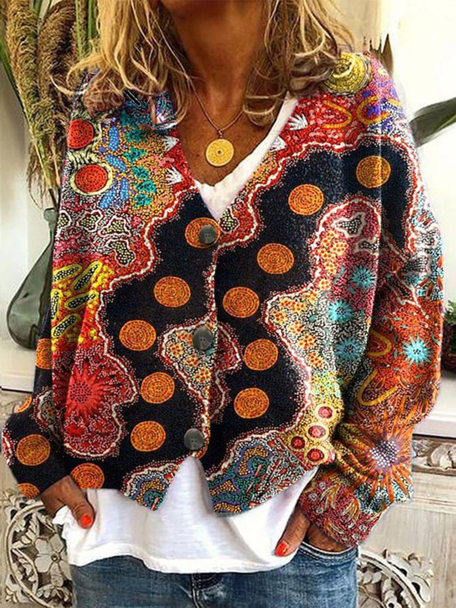 Women's Abstract Print Casual V-Neck Button Cardigan