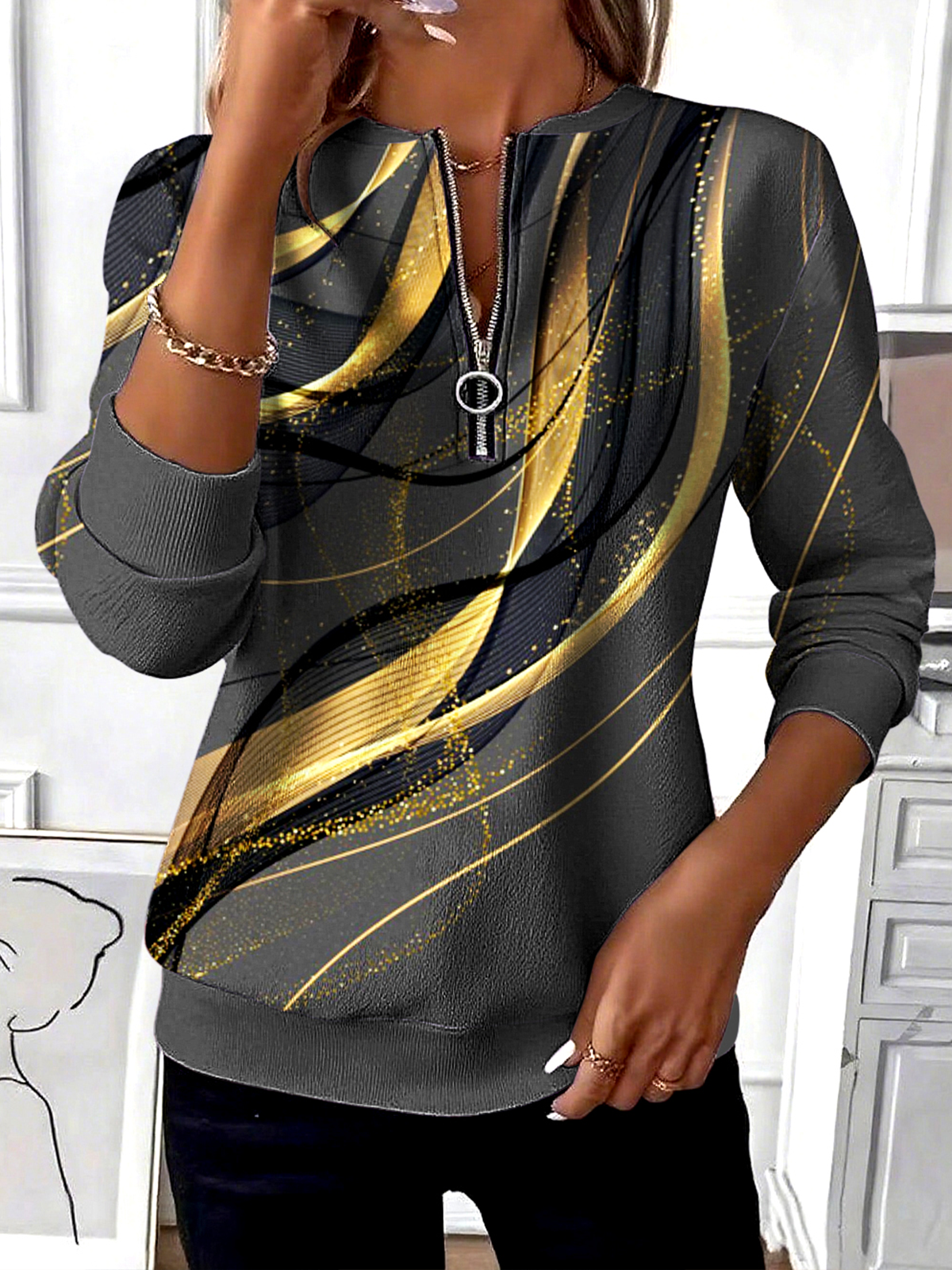 Regular Fit Stand Collar Casual Cotton Sweatshirt