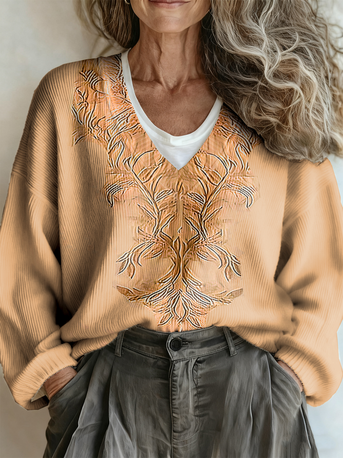 Geometric Vintage Loose V Neck Sweater