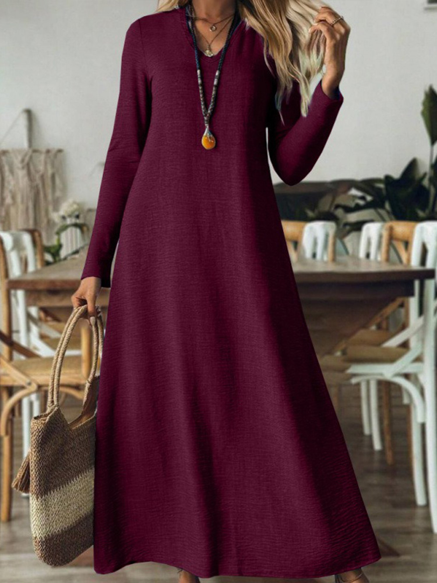 Casual Plain V Neck Dress