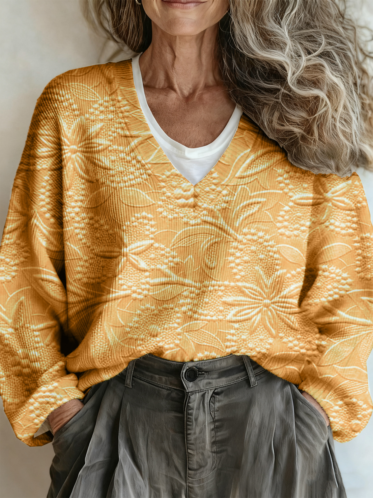 Casual Loose Floral V Neck Sweater