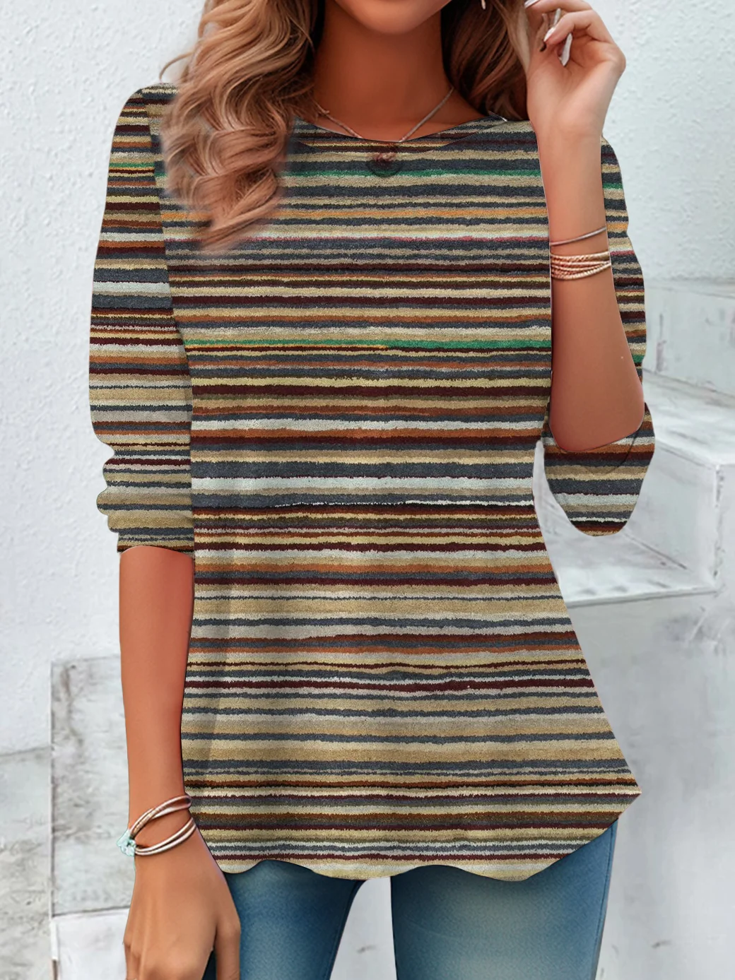 Women's Long Sleeve T-shirt Spring/Fall As Picture Striped Jersey Crew Neck Daily Going Out Casual Top