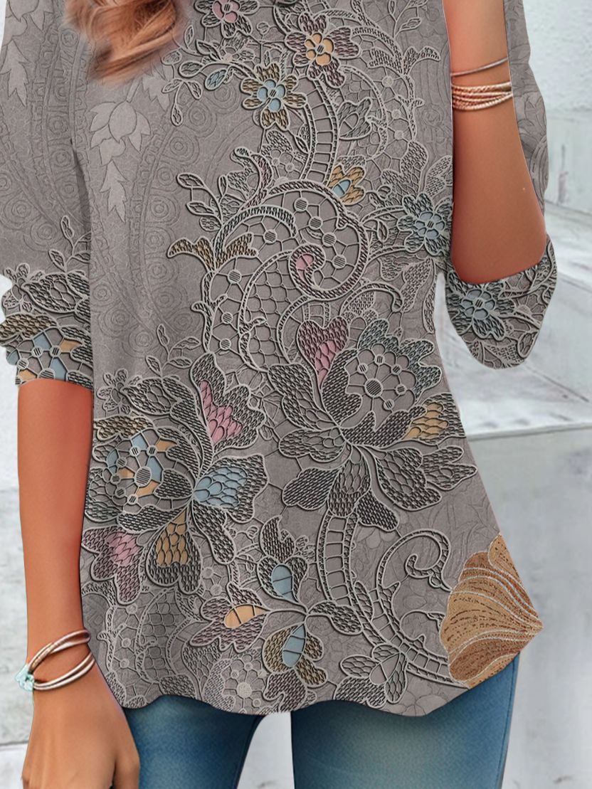 Women's Long Sleeve T-shirt Spring/Fall Gray Floral Jersey Crew Neck Daily Going Out Casual Top