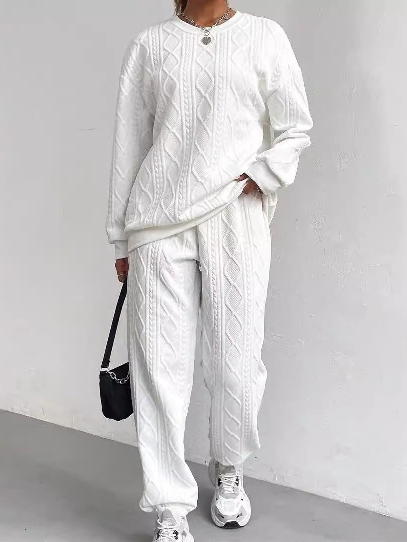 Women's Embossed Plain Daily Going Out Two-Piece Set White Casual Spring/Fall Top With Pants Matching Set