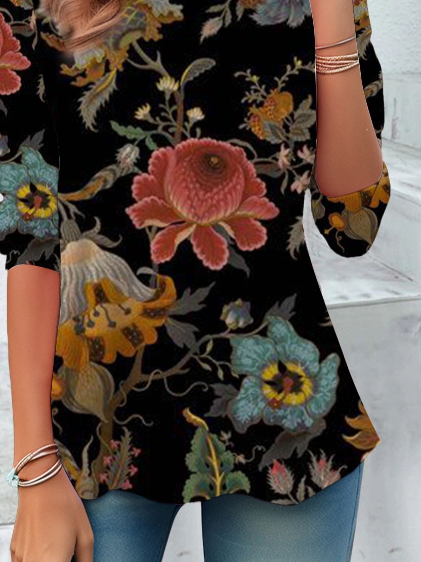 Women's Long Sleeve T-shirt Spring/Fall Black Floral Jersey Crew Neck Daily Going Out Casual Top