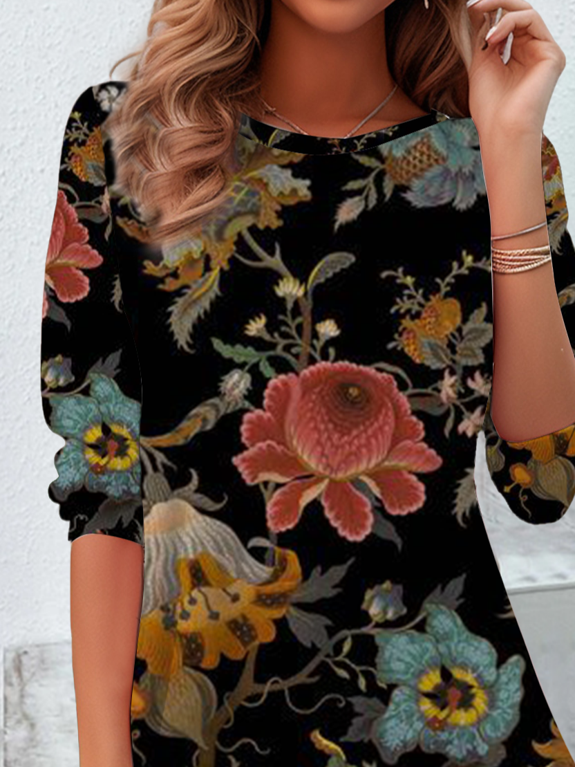 Women's Long Sleeve T-shirt Spring/Fall Black Floral Jersey Crew Neck Daily Going Out Casual Top