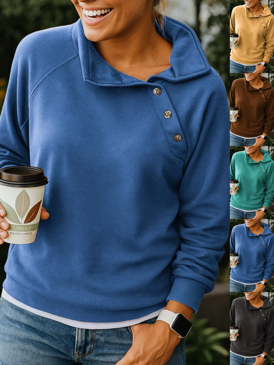 Loose Street Casual Loose Fashion Solid Color Long-sleeved Button Pullover Slant Collar Sweatshirt