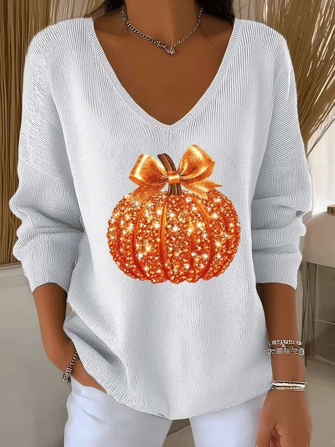 Women's Long Sleeve T-shirt Spring/Fall Orange Halloween (pumpkin) Printing V Neck Daily Going Out Casual Top