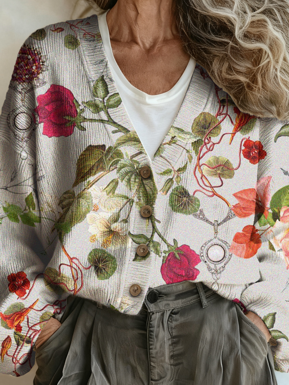 Casual Loose V Neck Floral Cardigan