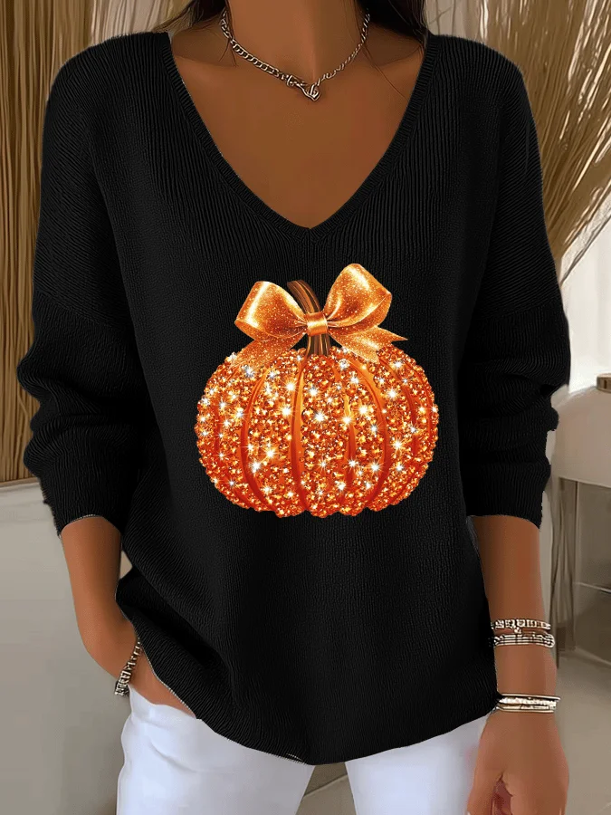 Women's Long Sleeve T-shirt Spring/Fall Orange Halloween (pumpkin) Printing V Neck Daily Going Out Casual Top