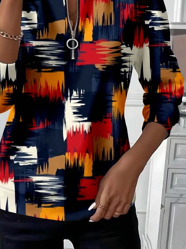 Women's Abstract Print Casual Zipper Neck Long Sleeve Sweatshirt