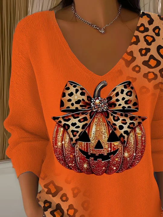 Women's Long Sleeve T-shirt Spring/Fall Orange Halloween (pumpkin) Printing V Neck Daily Going Out Casual Top