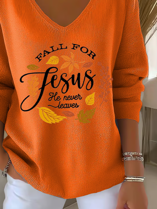 Women's Long Sleeve T-shirt Spring/Fall Orange Maple Leaf Printing V Neck Daily Going Out Casual Top