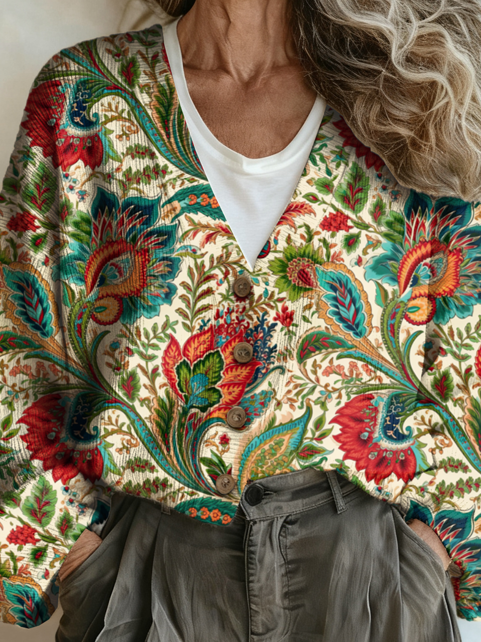 Casual Loose V Neck Floral Cardigan