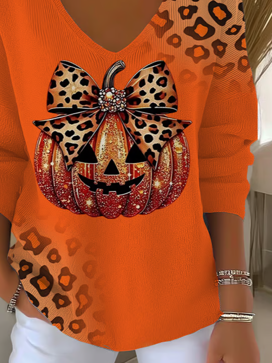 Women's Long Sleeve T-shirt Spring/Fall Orange Halloween (pumpkin) Printing V Neck Daily Going Out Casual Top