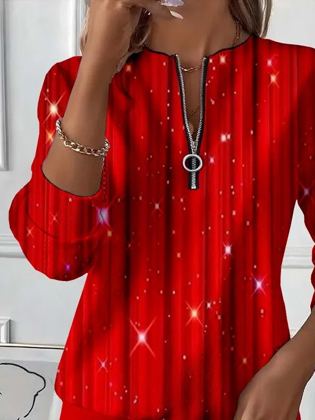 Women's Christmas Print Casual Zipper Neck Long Sleeve Sweatshirt