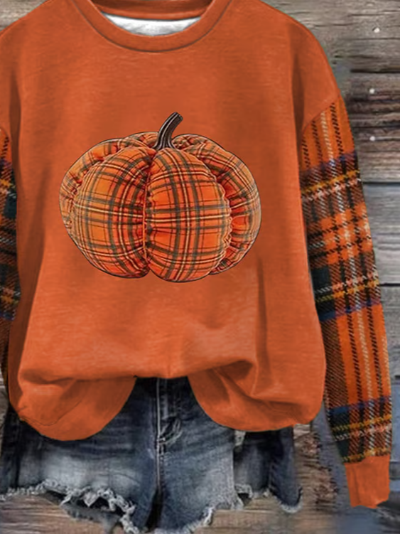 Crew Neck Casual Plaid Loose Sweatshirt