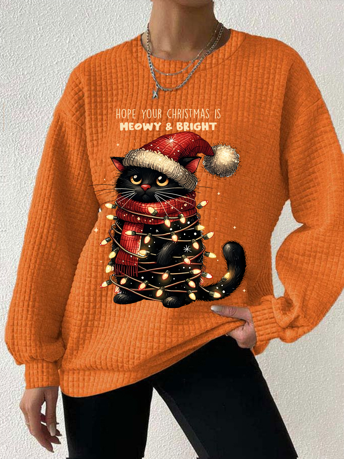 Women's Christmas Cat Blessings Waffle Sweatshirt
