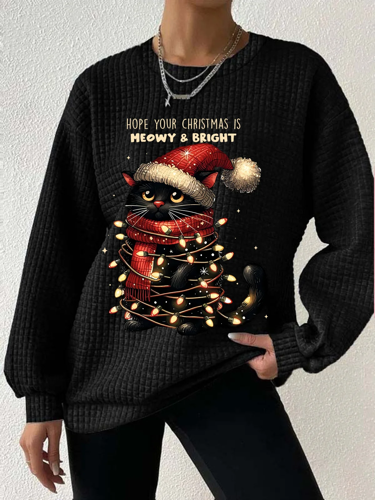 Women's Christmas Cat Blessings Waffle Sweatshirt